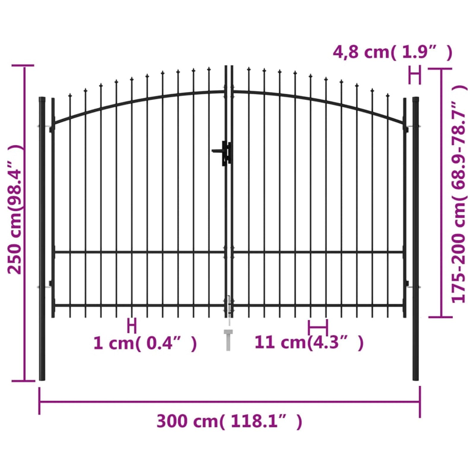 Cancello Doppio Giardino Esterno con Punte a Lancia Cacello per Recinzione Cancello in Metallo Cancello da Esterno con Chiavi -300 x 200 cm