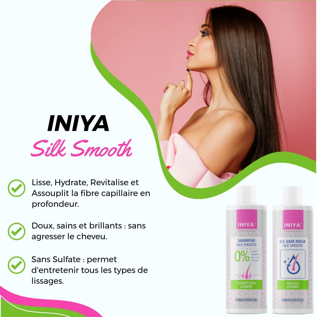 Iniya Silk Smooth Shampoo und Glättende Pflege, ohne Sulfate oder Silikon, glättendes Shampoo und brasilianische Haarmaske, Tannin (2 x 400 ml)