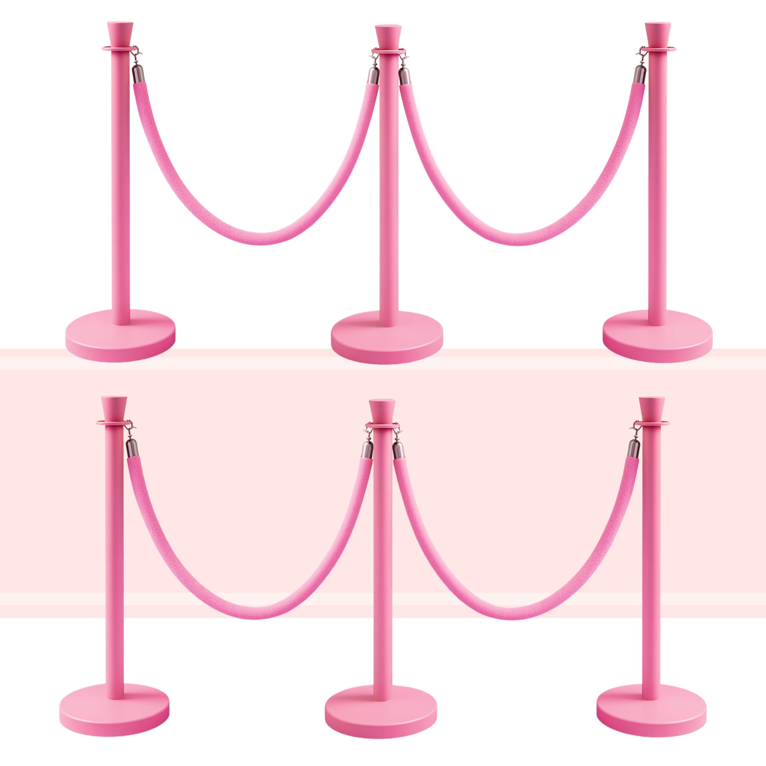 Velvet Pink Stanchion Set – 6 Stanchion Posts and 4 Pink Ropes Crowd Control Rope Safety Barriers Kit for Events Weddings Red Carpet Poles Ropes Set