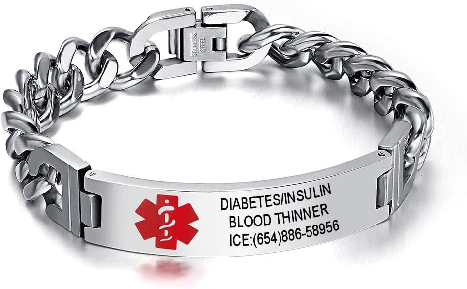 DIB Free Engraving Stainless Steel Medical Alert ID Bracelets Men Women Silver, Wrist Link Chain 8.5"/7.9"