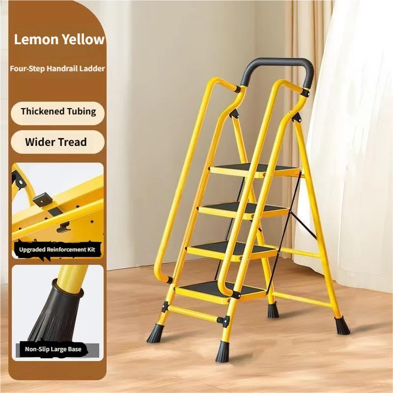 Image of 4 Step Ladder, 4 Step Stool for Adults Folding Step Stool with Handrails, Ladders for Home Kitchen Pantry Office, 500 lb Sturdy Steel Ladder with Anti-Slip Wide Pedal, Yellow