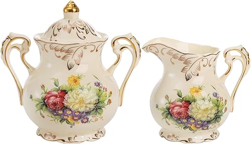 Foraineam Juego de azúcar y crema, juego de servir de café marfil de porcelana, diseño de arbustos en flor, hojas doradas, borde dorado, jarra de