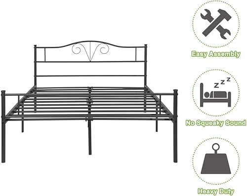 Miniatura 21 de Base de cama de metal resistente tamaño individual, base de colchón de acero, con revestimiento negro, cabecero retro para cama individual, no Negro