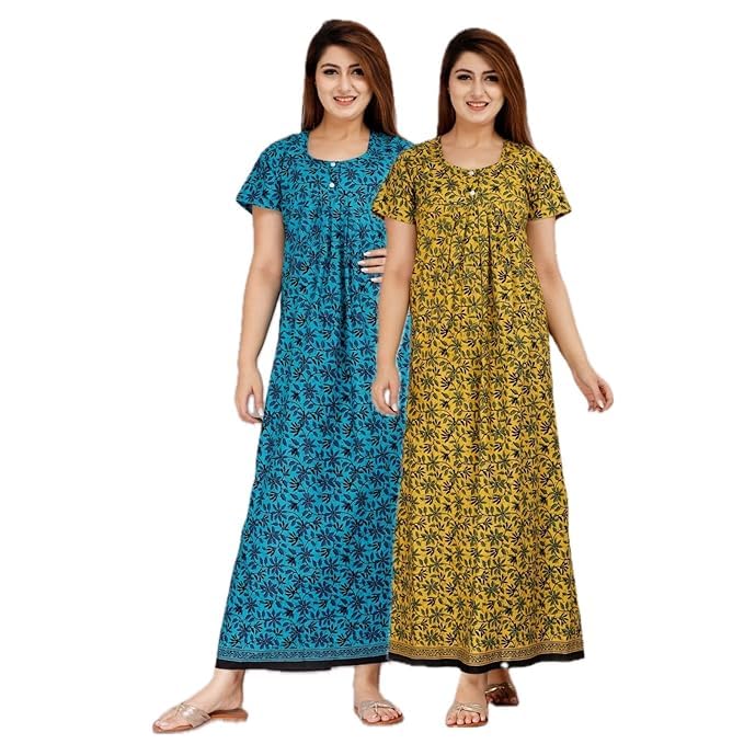 Women's Rajasthani Nighty Jaipuri Nighty Maxi Gown (Pack of 2 pcs, Blue&Green, Free Size)-image-19