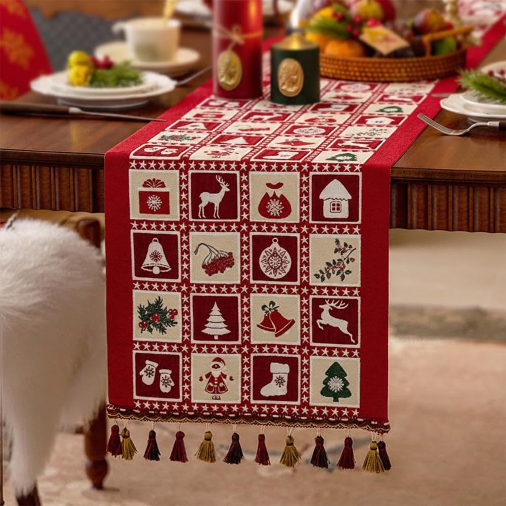 Christmas Table Runner, 14x71in Soft Xmas Winter Table Scarf with 6 Patterns & Pom-Pom Tassels for Holiday Kitchen Dining Home Party Decor