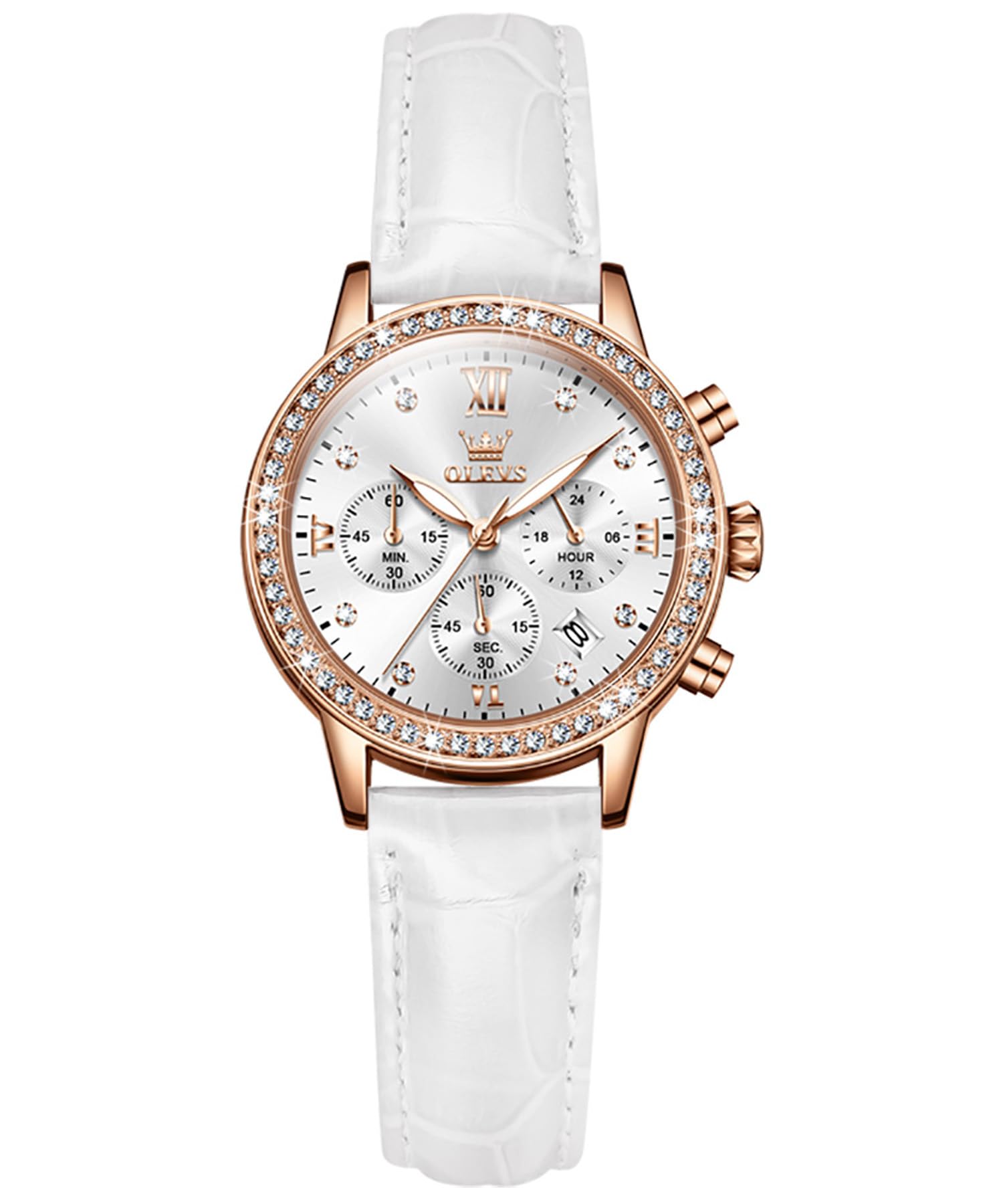 OLEVS Damen-Armbanduhr, multifunktionaler Chronograph mit 4 Hilfszifferblättern, Lederarmband, römische Ziffern, Datum, Leuchtend, wasserdicht, Elegante Armbanduhr