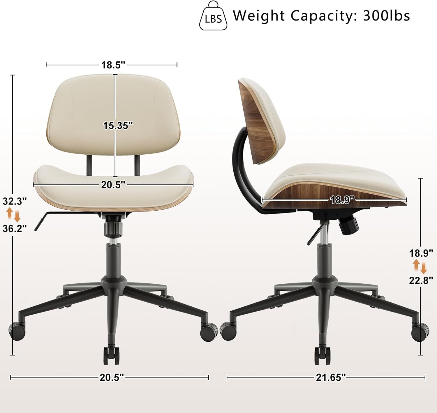 Armless Office Chair with Wheels, PU Leather Adjustable Height Desk Chair - 360° Swivel Ergonomic Computer Chair for Small Space, Modern Walnut Style, Home & Meeting Room, Beige - Image 2