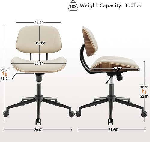Miniatura 2 de Silla de oficina sin brazos con ruedas, silla de escritorio de piel sintética de altura ajustable, silla de computadora ergonómica giratoria de 360