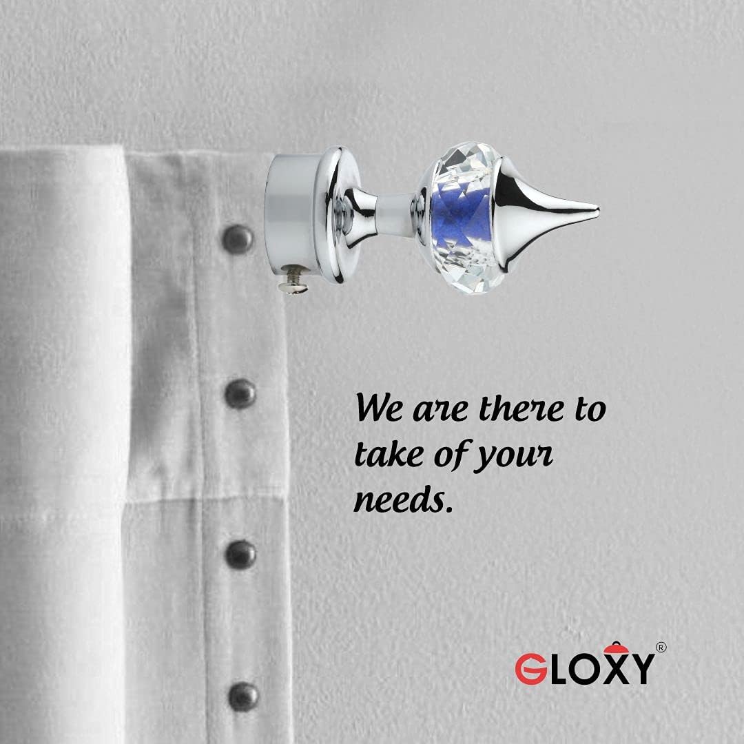 GLOXY Aluminium Single Diamond Curtain Brackets Finials Chrome Finish with Blue Crystal Combo Pack of 6 Pairs for 1 Inch Rod - Curtain Holders with Wall Support Fittings for Windows & Doors 4