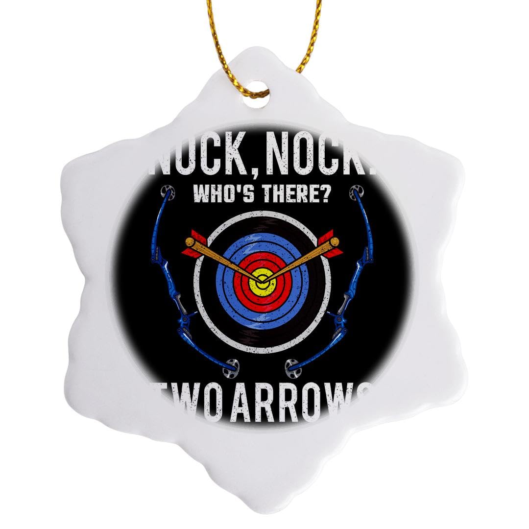 3 inch Snowflake Porcelain Ornament - Nock Nock Who is There Two Arrows Archery Sport Archery