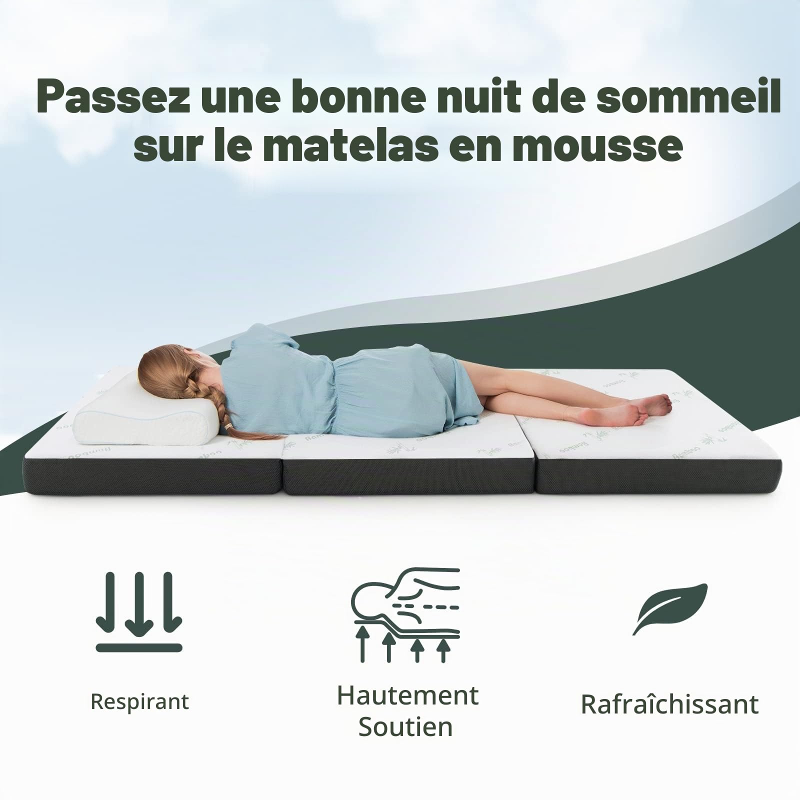 GOPLUS Matelas Pliable d’Invité en Mousse 193X80X10 CM, Matelas d’Appoint à 3 Plis avec Surface en Fibre de Bambou & 2 Poignées, pour Maison, Voyage, Camping,