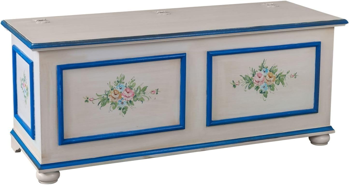 Vicentini arreda CASSAPANCA IN LEGNO SHABBY CHIC MOD CIPOLLA BIANCO ANTICATO DECORATO FILO BLU (L 100 P 42 H 50)