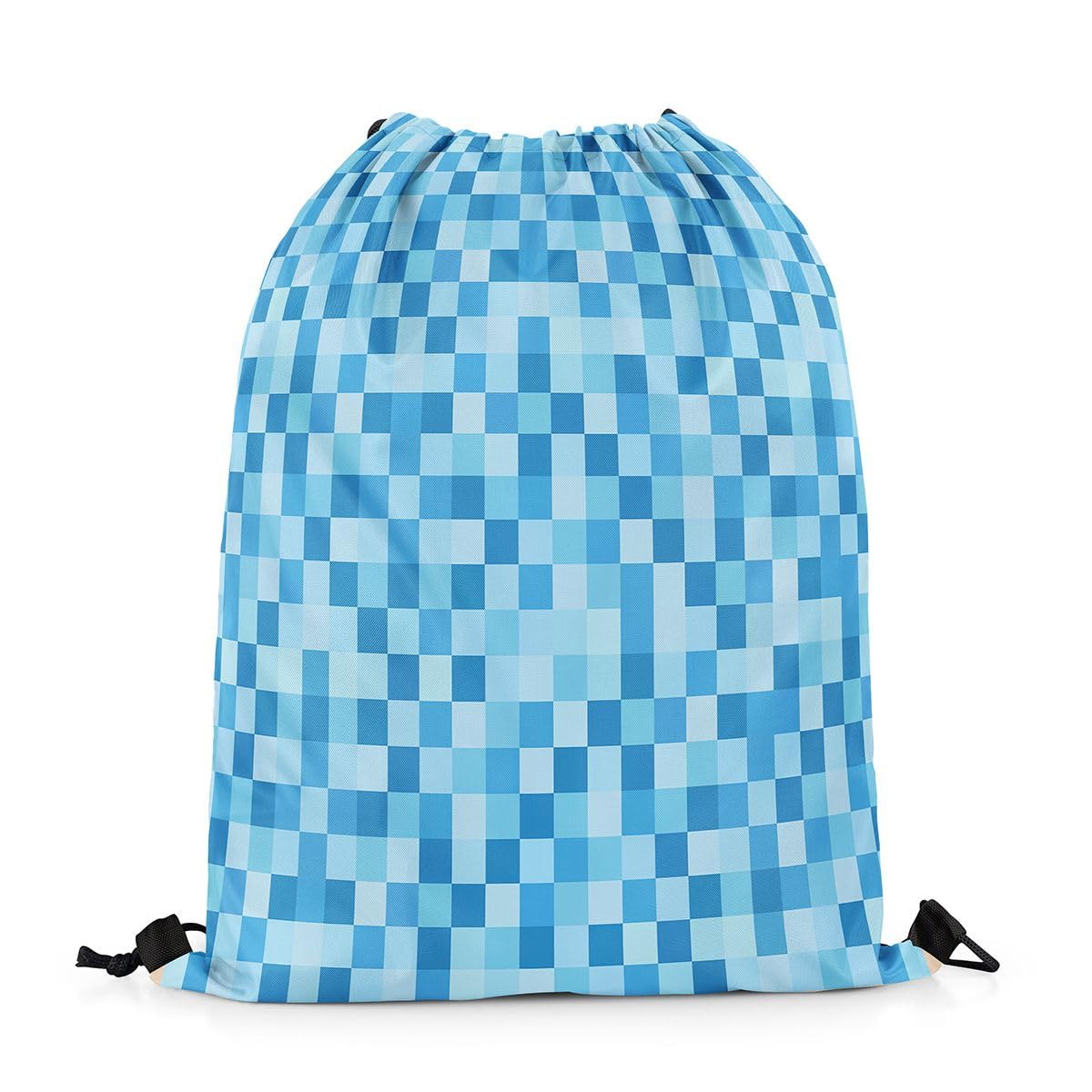 Castle Fairy Pixelated Miners Game Drawstring Backpack 13"X32",Geometric Check Video Games Water Resistant Beach Bag,Gamepad Camo Grid String Bag for Shopping Yoga,Blue Sackpack for Gym Sports