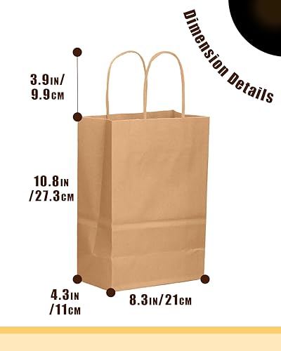 Miniatura 5 de qiqee Paquete de 100 bolsas de regalo de papel marrón con asas a granel de 7.6 x 4.75 x 10.5 pulgadas, bolsas de regalo de tamaño mediano para