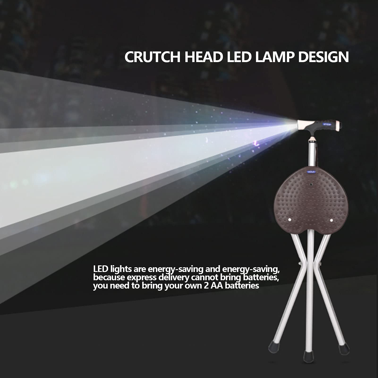 Asiento de caña plegable, silla de muleta ajustable de altura con luz LED, asiento de aleación de aleación de aluminio antideslizante para personas mayores, discapacitados mayores, base antideslizante