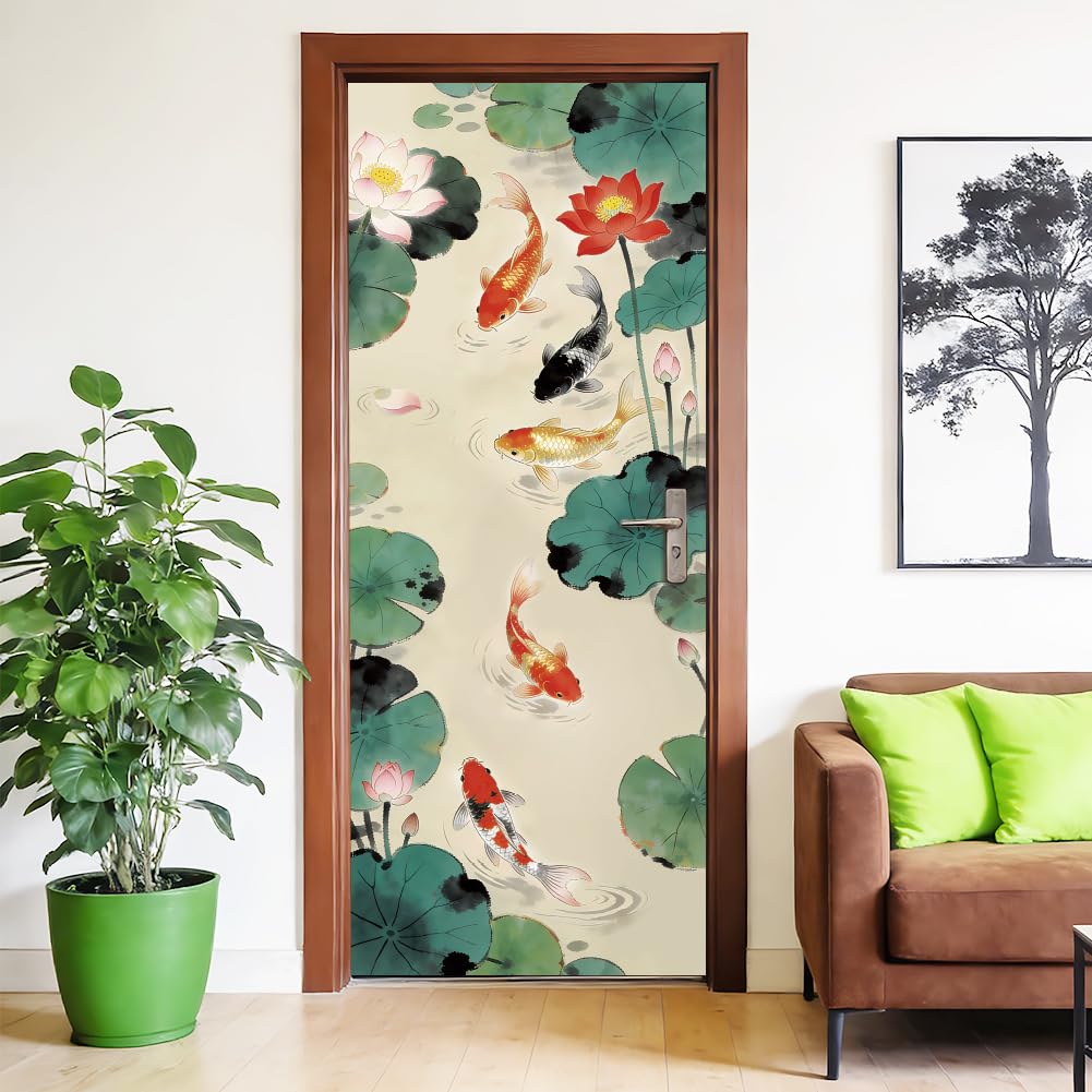 arricraft 2 Pcs Self-Adhesive Door Sticker, Fish Carp Lotus