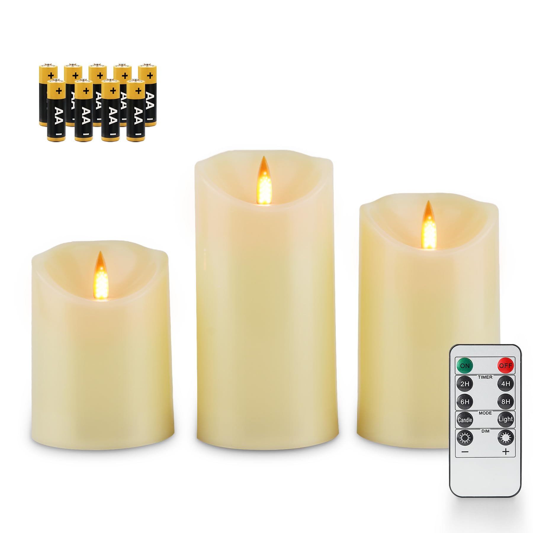 Fanna 3 Elfenbein LED Dynamische Flammenkerzen mit Fernbedienung für Kirche und Hochzeiten, Kunststoff Flammenlose Kerzen Realistische Flammeneffekte mit Timer, Batterien enthalten - H 10/12,5/15 cm
