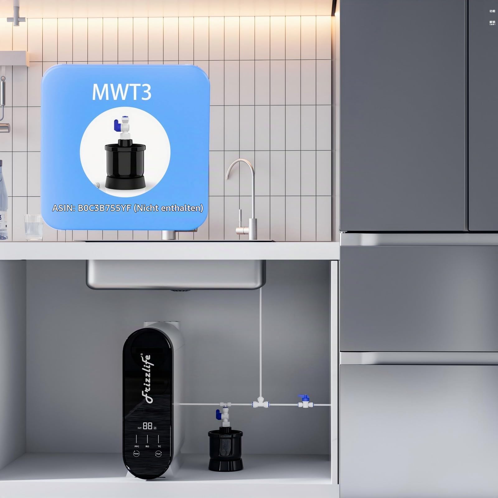 Frizzlife Umkehrosmoseanlage, 600 GPD，Entkalkungsanlage RO Untertisch Wasserfilter，2:1 Rein zu Entwässern, Reduziert TDS, Tanklos, BPA Frei, PX600