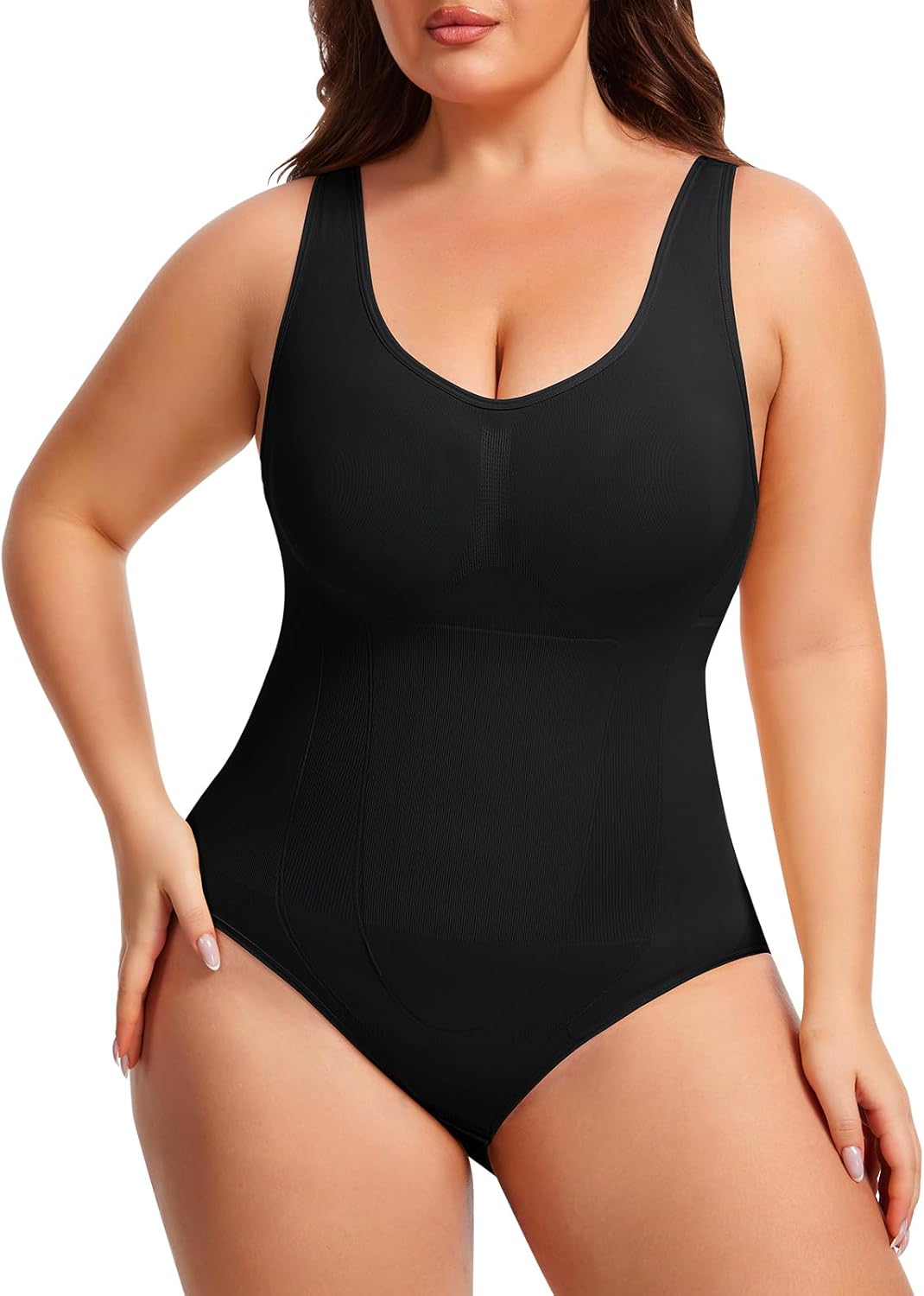 Anygirl Plus Size Bodysuit Shapewear Sleeveless Tummy Control Bodysuits for Women V-Neck Seamless Compression Body Suits