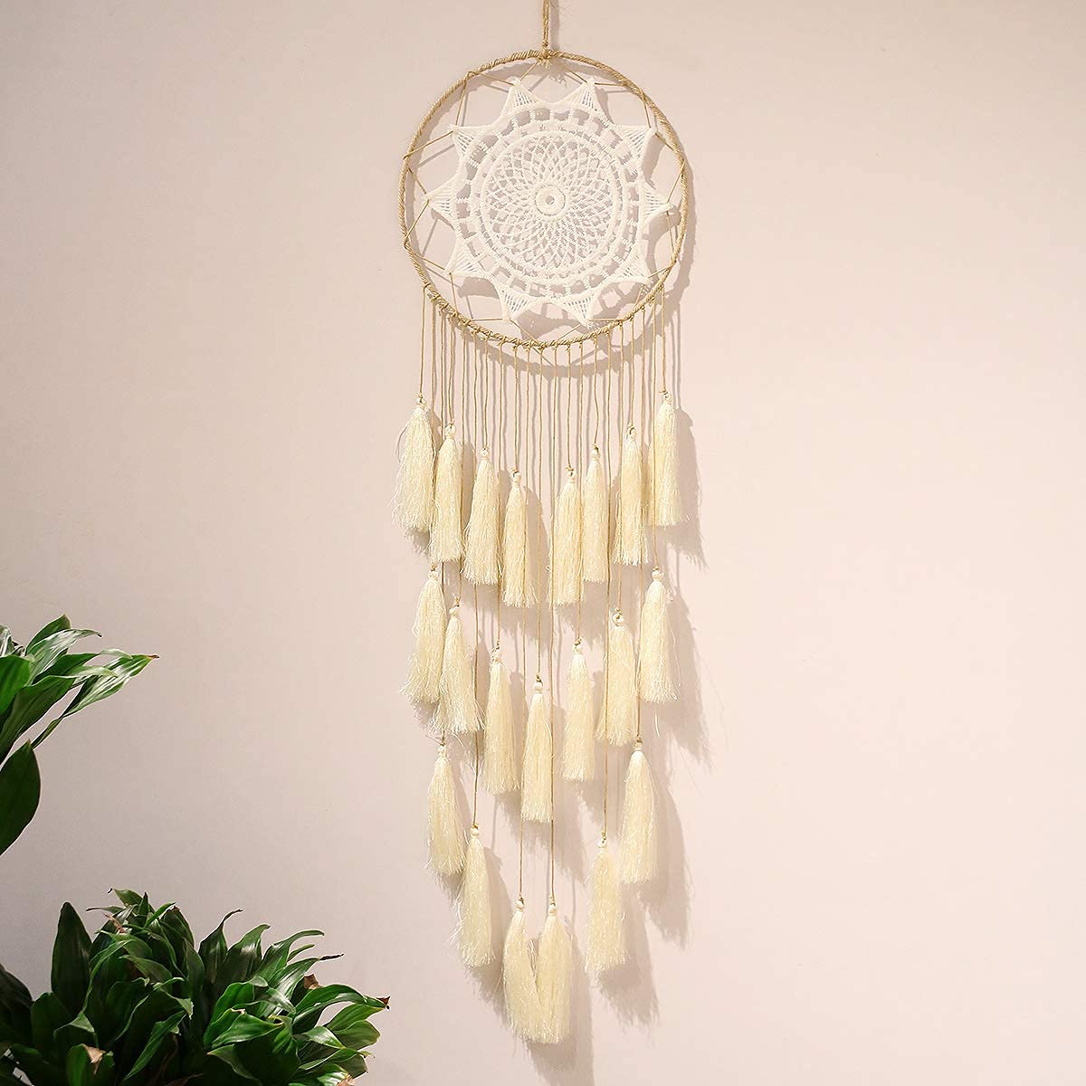 Attrape-rêves Ieve Fait Main – Blanc – Diamètre 15 Cm, Longueur 55 Cm – Plumes Naturelles
