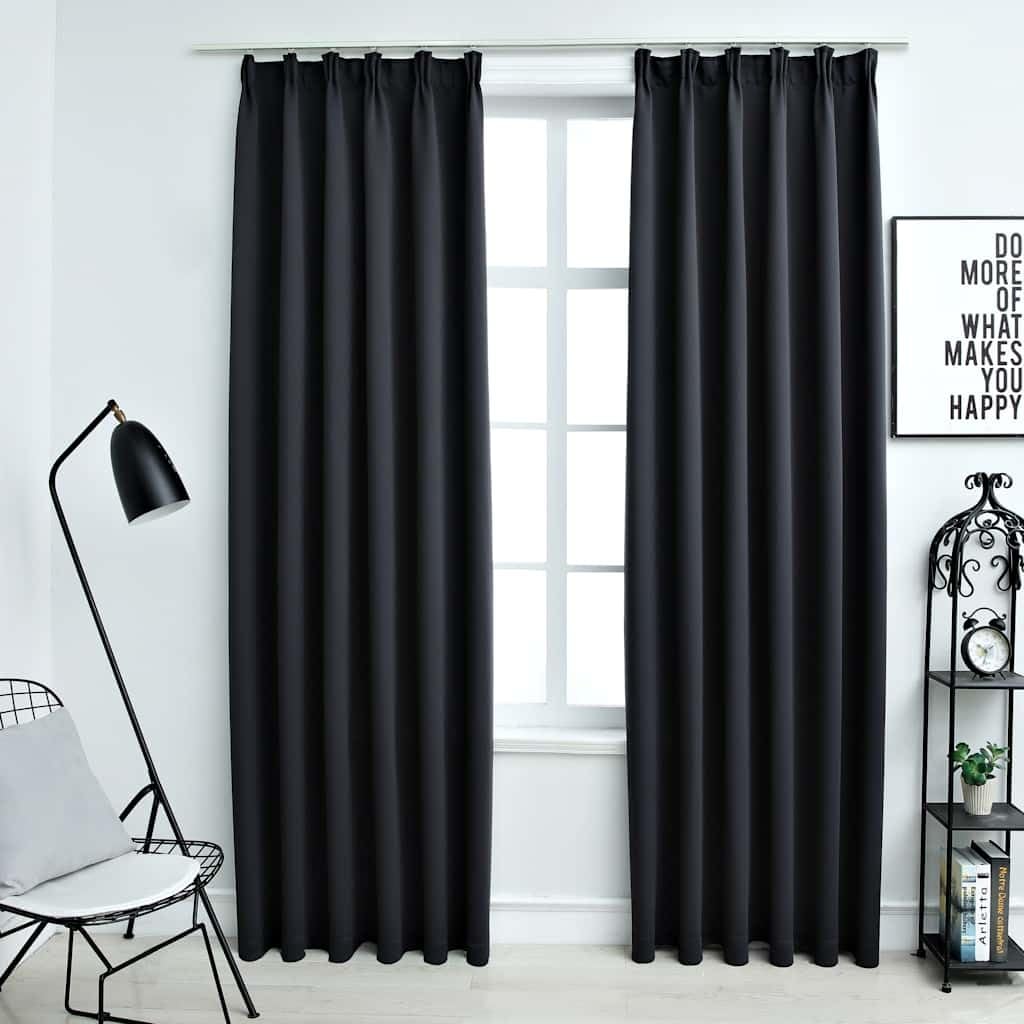Cortinas opacas con ganchos de metal, juego de 2 unidades, color negro, 140 x 225 cm, poliéster, protección opaca para sala de estar, dormitorio, separador de habitaciones