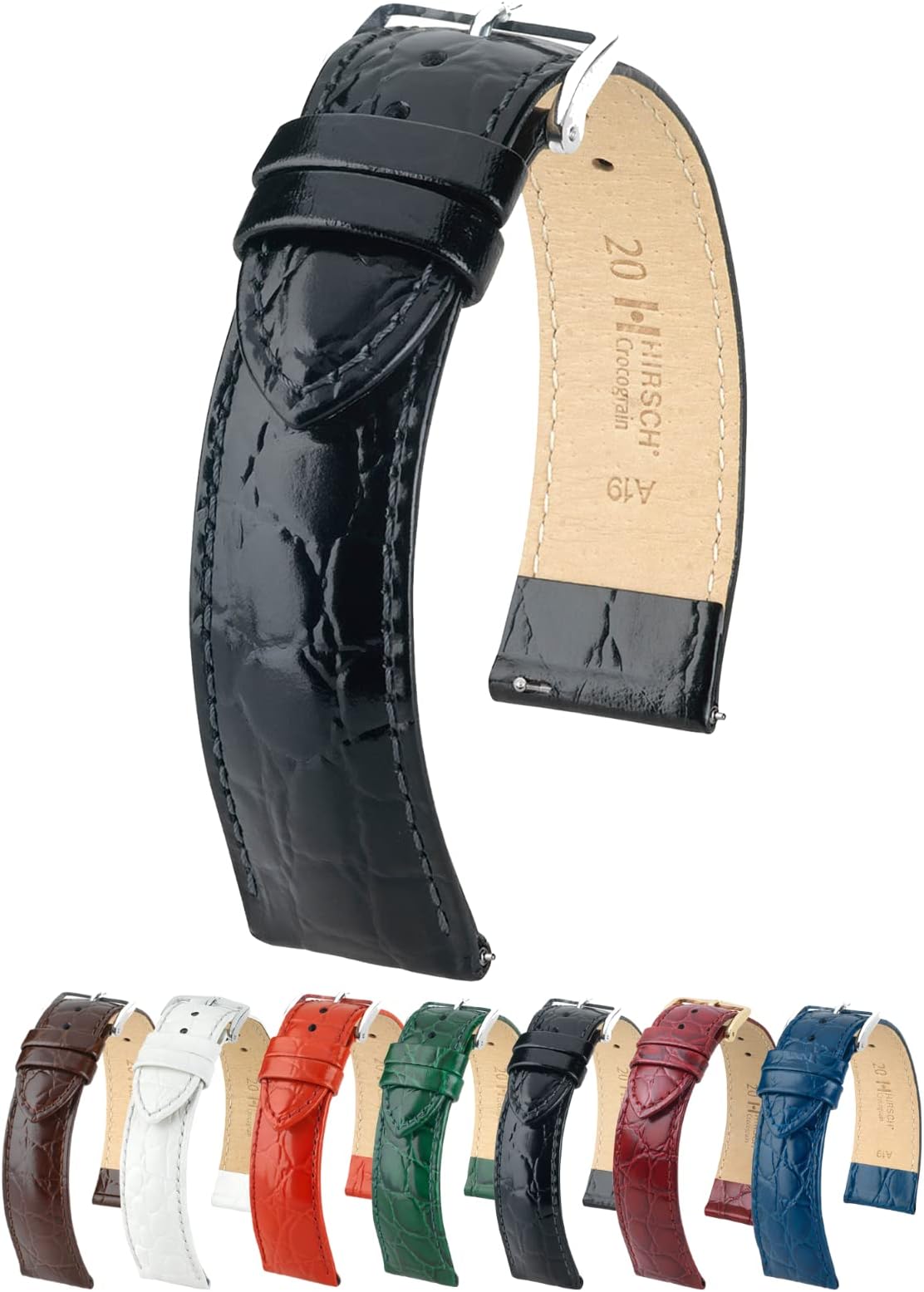 Hirsch Crocograin 20mm Long Black Leather Watch Strap 12322850-2-20