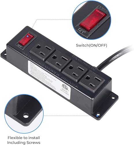 Miniatura 10 de Tira de toma de corriente de montaje en pared, regleta de alimentación de 4 salidas con interruptor, cable de 3 pies debajo del escritorio para