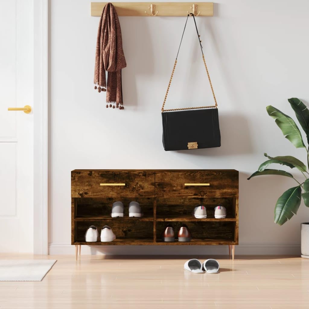 Banc à chaussures en bois de chêne fumé pour un salon épuré
