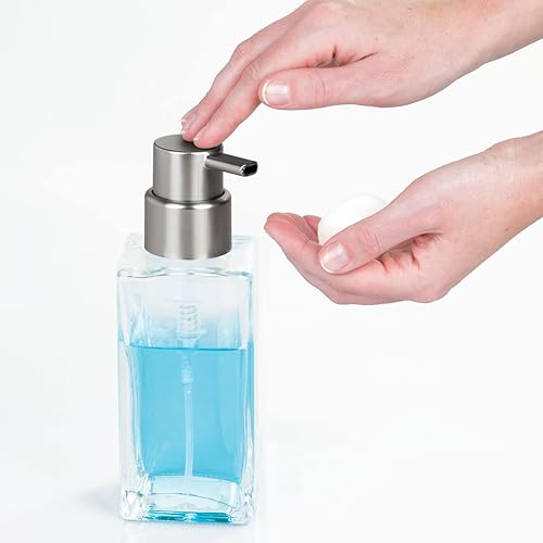 Miniatura 5 de mDesign - Dispensador de jabón de manos cuadrado, de cristal, rellenable, para cocinas o cuartos de baño, para encimeras, Vidrio, Azulcepillado.,