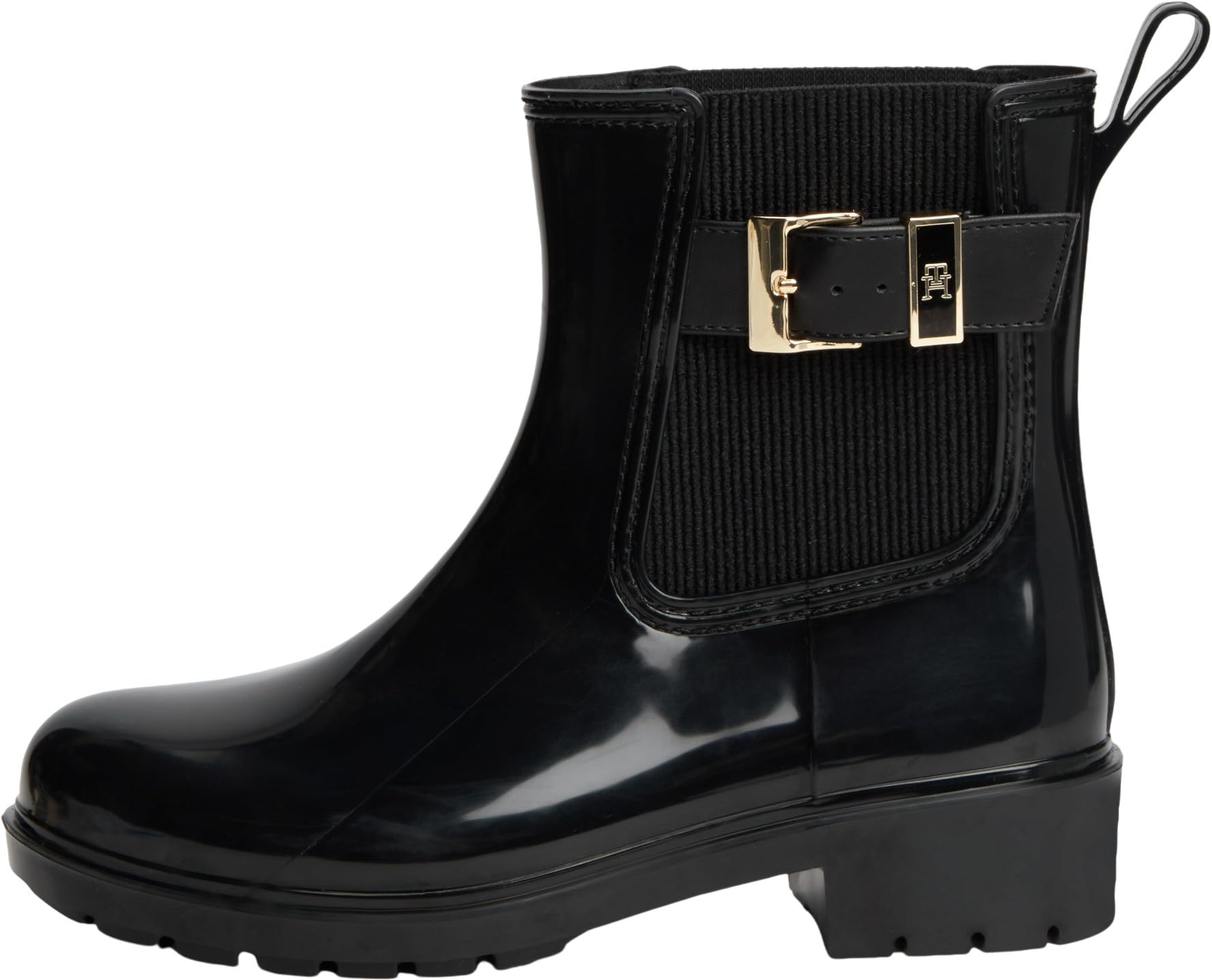 Tommy Hilfiger Women Th Buckle Glossy Ankle Rain Boot FW0FW09543 Rainboots, BLACK (Black), 7.5