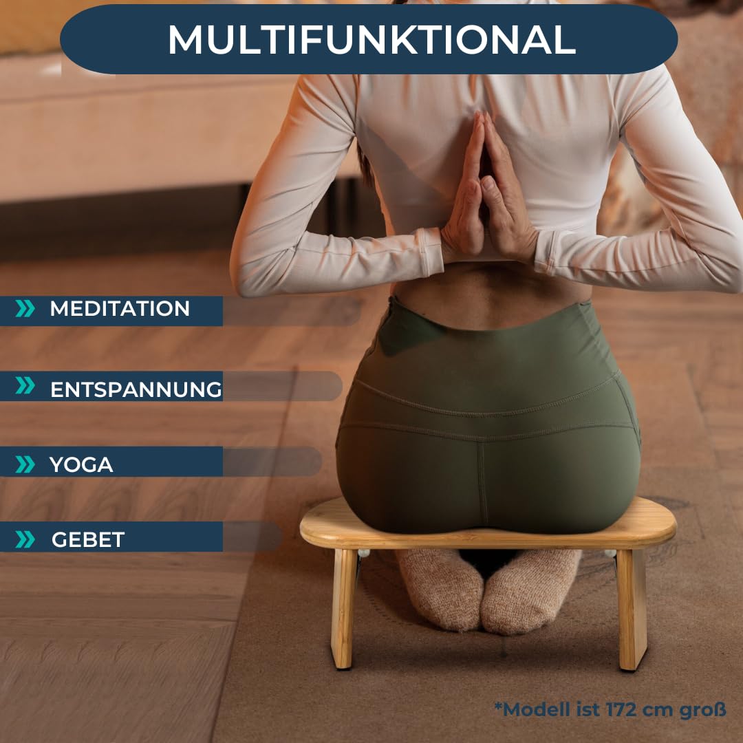 BUDDLEY Meditationsbank - Klappbar mit Kissen aus Baumwolle - Yogahocker - Meditationsstuhl Faltbar - Yogastuhl - Ergonomisch - aus Bambus