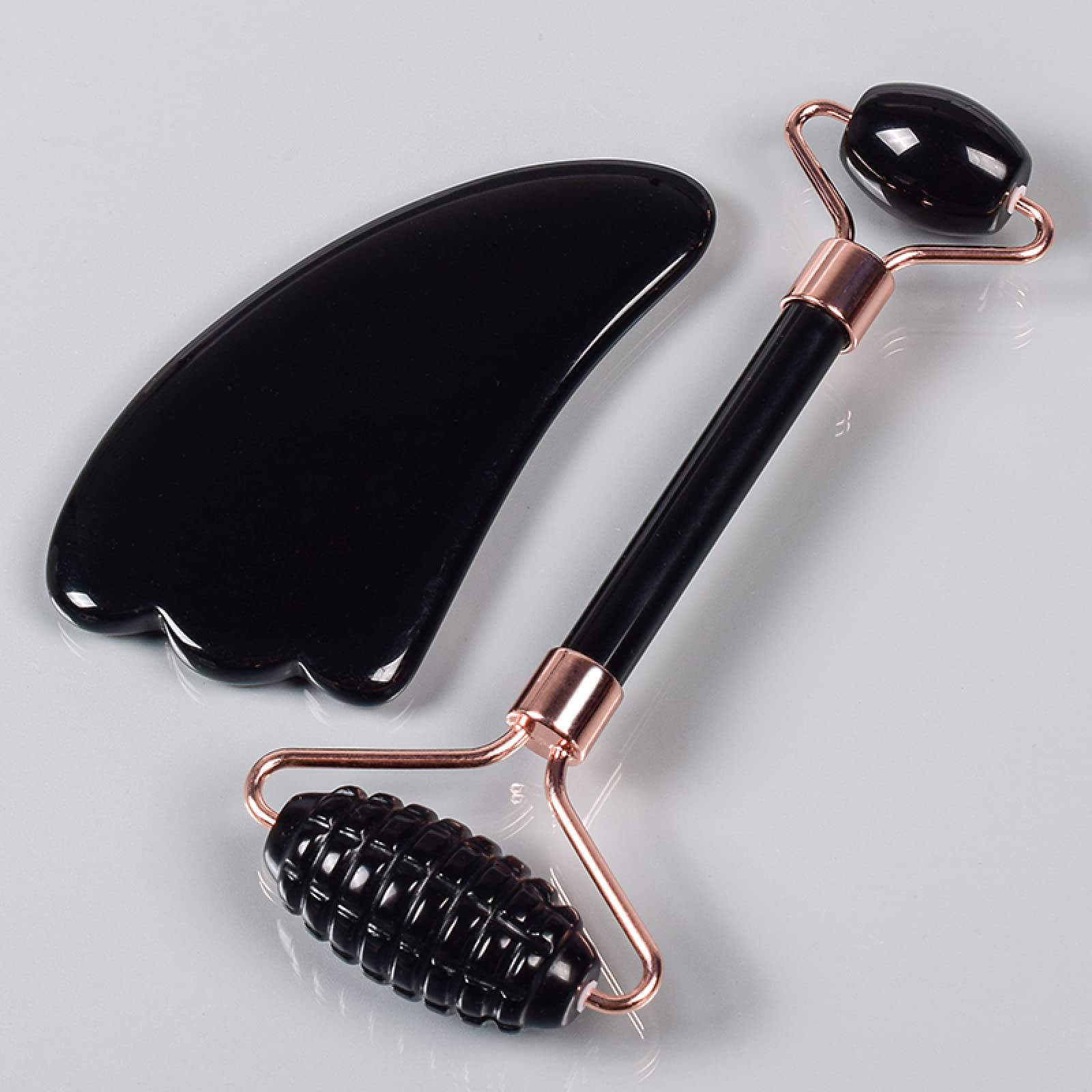 Raumdekoration Schwarzer Obsidian-Werkzeug, Gesichtsroller, Gua-Sha-Werkzeug-Sets, Naturstein-Kristall-, Massage, 2 Stück, ohne Box,