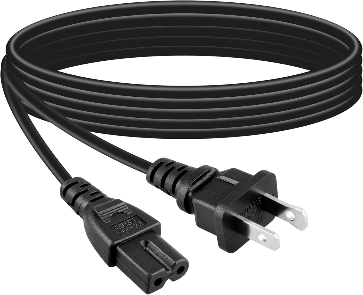Close-up of the C7 connector and NEMA 1-15P plug on the power cord