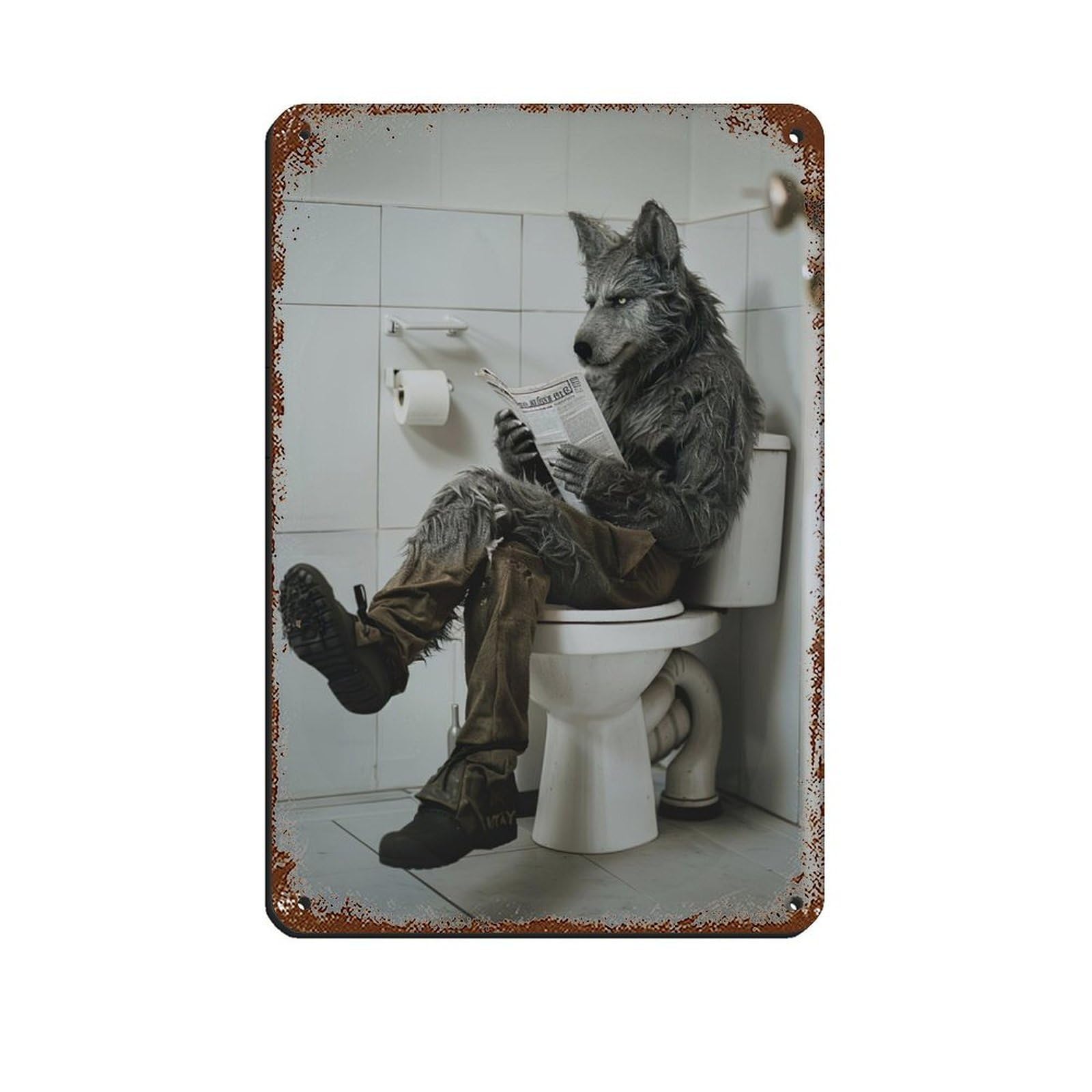 Werewolf Sitting on The Toilet Reading A Newspaper Retro Poster Metal Tin Sign Chic Art Retro Iron Painting Bar People Cave Cafe Family Garage Poster Wall Decoration 8x12inch(20x30cm)