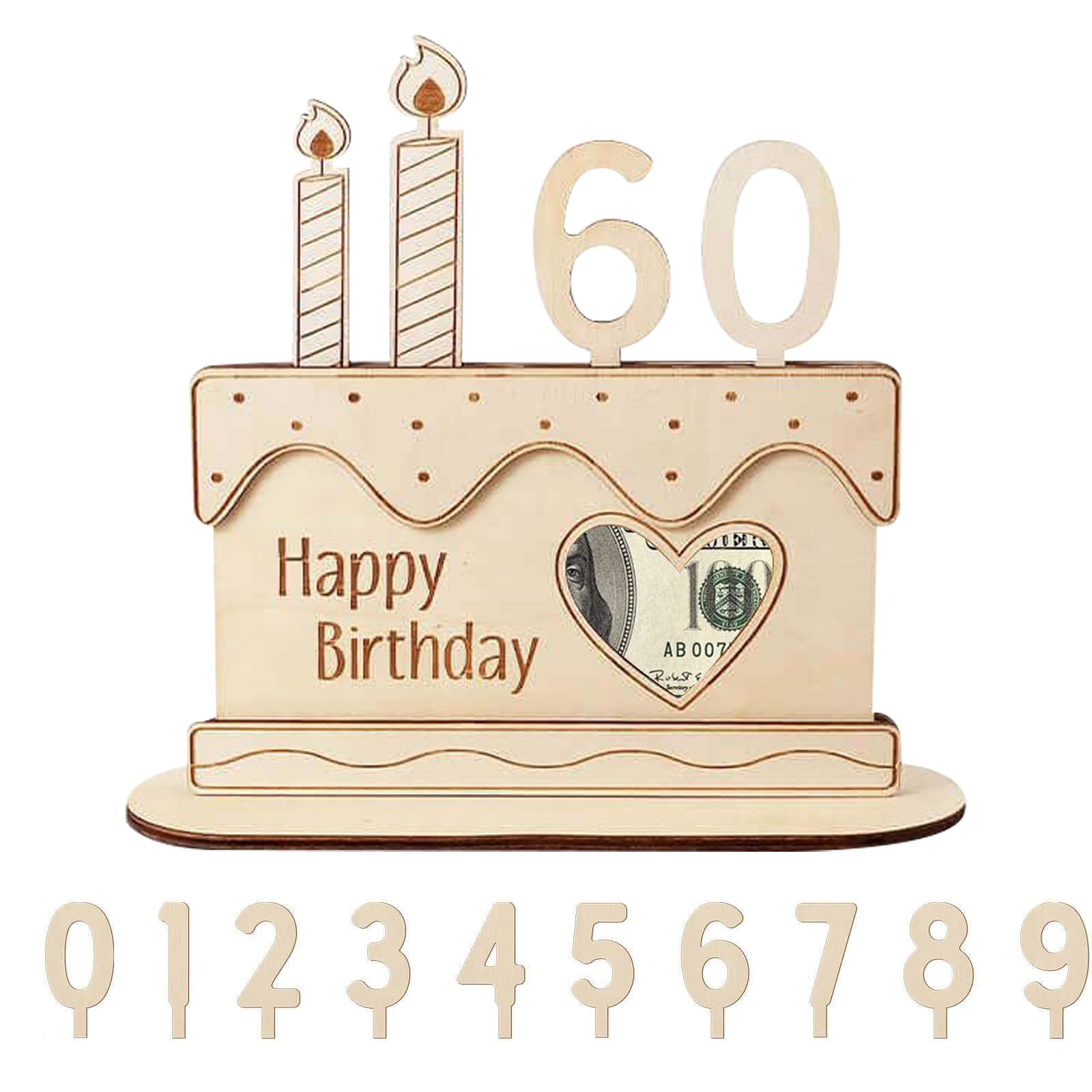 KASESSS Money Wallets for Cash Gifts, Wooden Birthday Money Gift Ideas, Large Birthday Cake Shape Wooden money Packing Card, Replaceable Digits with DIY Woodens Fittings for Any Age Women Men Friends