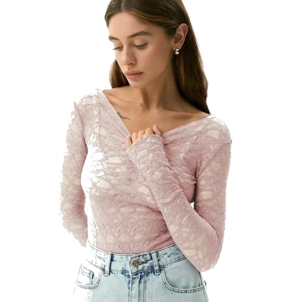 QXDZSW koszulki z długim rękawem dla kobiet estetyczne ubrania okrągły dekolt przezroczysty koronkowy krótki top slim fit koszulki