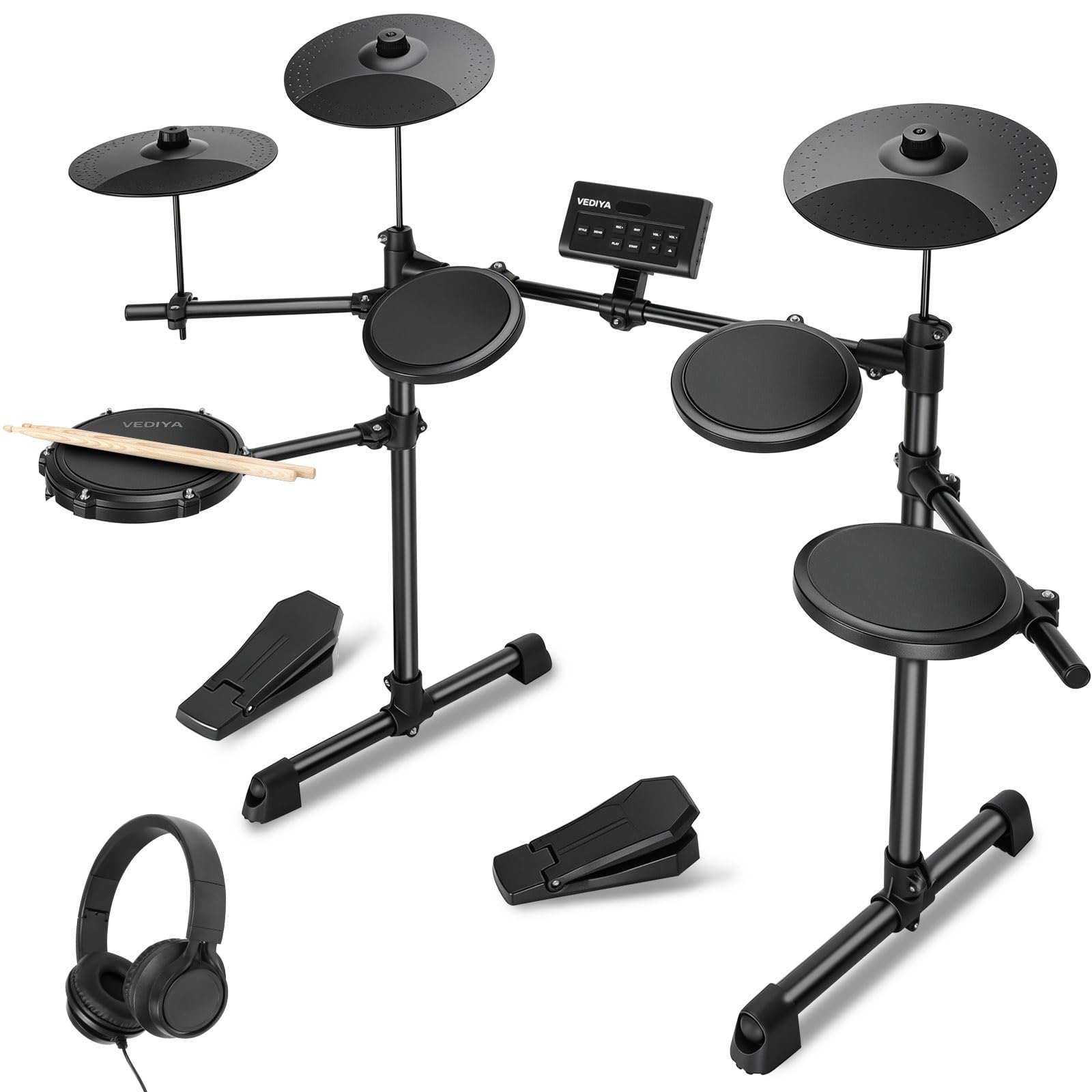 Electric Drum Set for Beginners, All in One, Quiet Mesh Snare Pad Electronic Drum Kit, Silent Drum Pads, 3 Cymbals, 2 Pedals, Headphones, Sticks, No throne (AVMT30S-70 Sounds 7 Drum Kits)