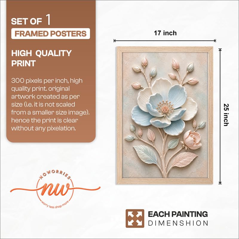 Image of NoWorries Floral Botanical Wall Painting with Frame | Premium Textured Flower & Leaf Artwork, Pastel Nature Wall Decor Framed for Living Room Bedroom Office and Home Decoration (Art-3,17x25inch)