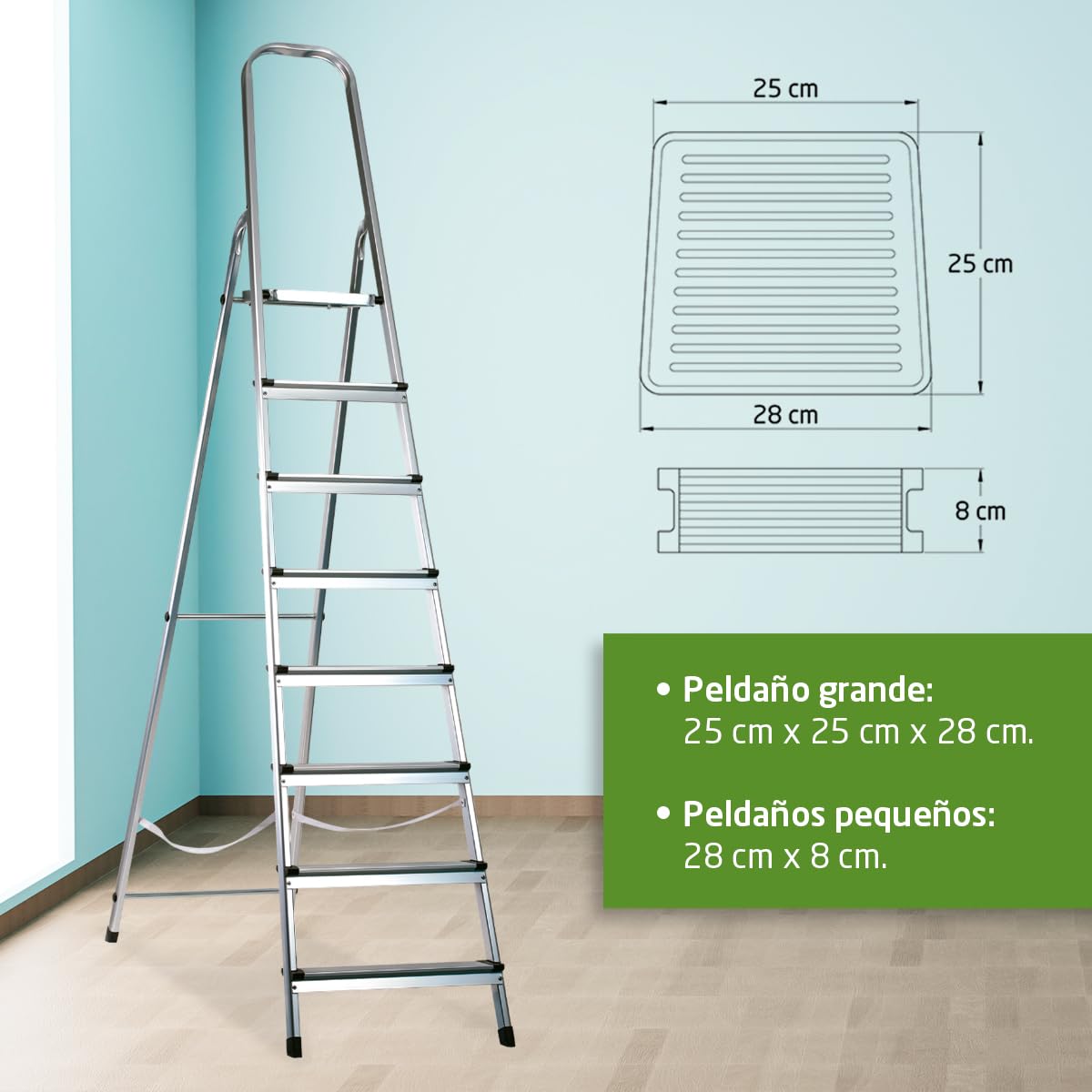 Amig - Escalera Plegable con 8 peldaños - Aluminio - Peldaños Pequeños: 28x8 cm - Peldaño Grande: 25x25x28 cm - Uso Doméstico - Carga Máxima 150 kg