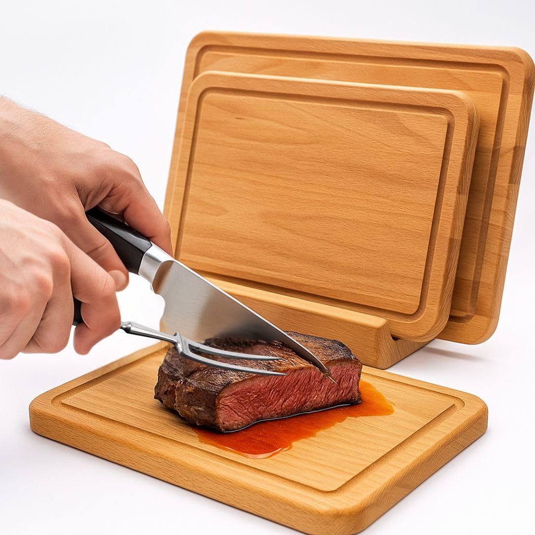 Premium Schneidebrett Set Buche 3-teilig mit Halter Saftrille Holz geölt | Massives Buchenholz, lebensmittelecht, drei Größen 27/30/40 cm , stabile 1,8 cm Stärke, natürliche Holzoptik, Servierbrett