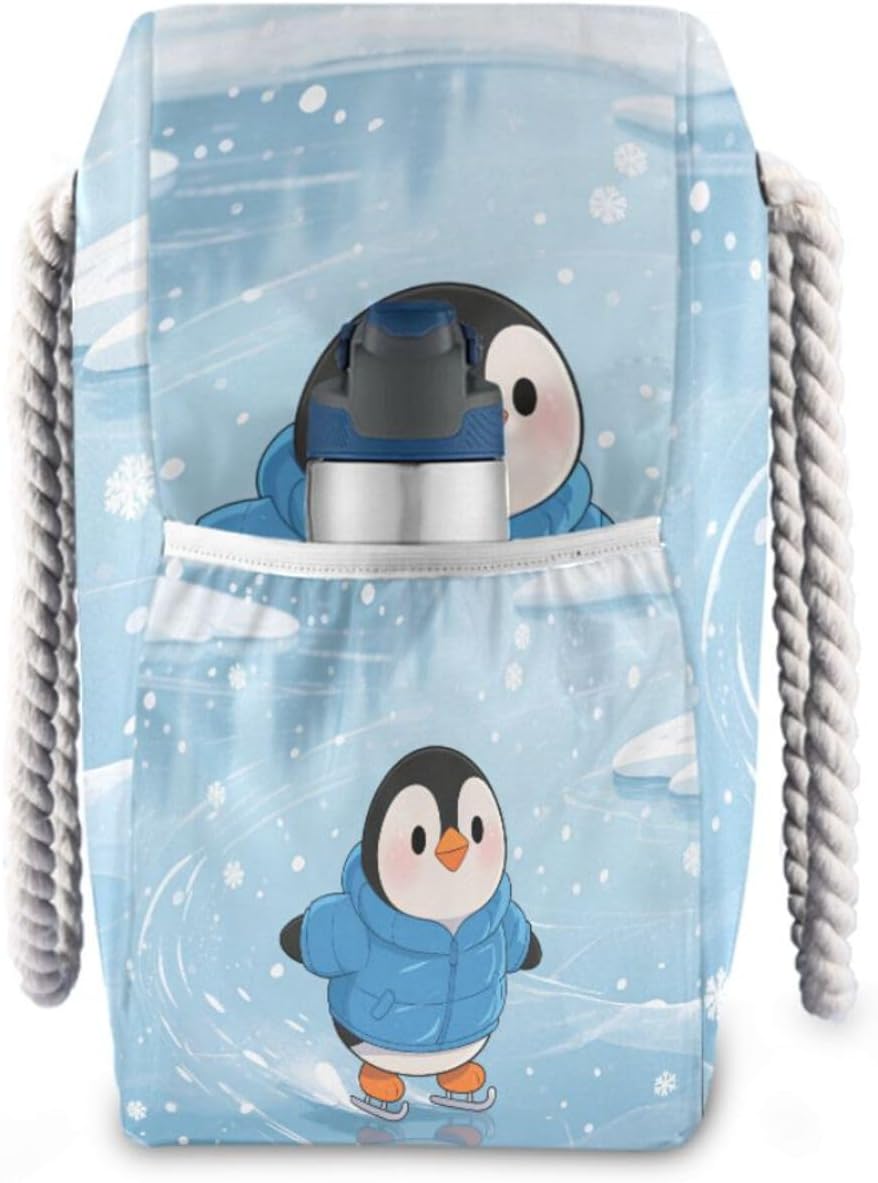OTVEE Penguin Skating Pattern Beach Bags for Women Ladies Large Canvas Tote Shoulder Bag Waterproof Travel Bags for Gym Swim Pool Camping