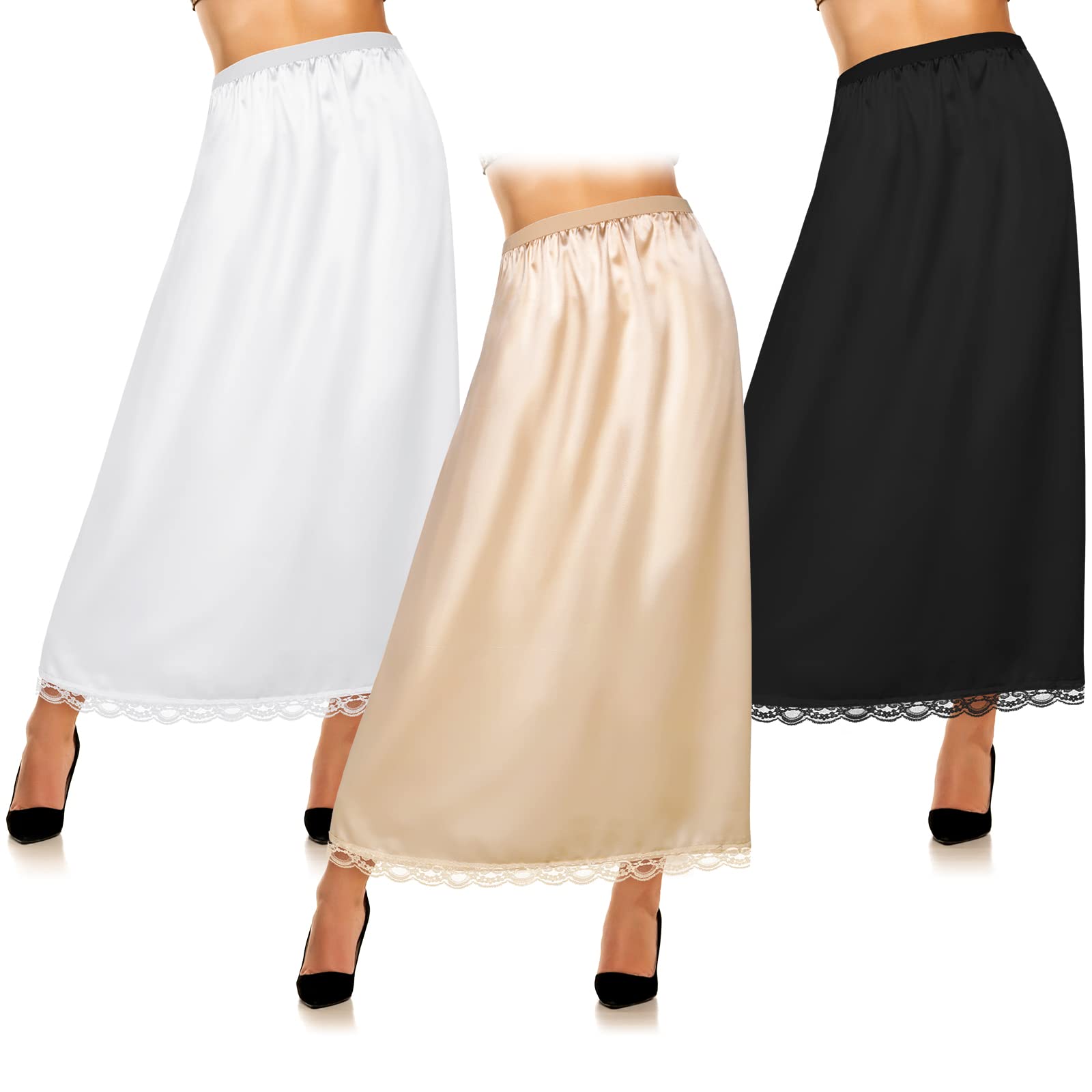 Mepase 3 Pcs Half Slip for Women Satin Half Slip for Under Dresses Anti Static Extender Lace Long Knee Slip Skirt