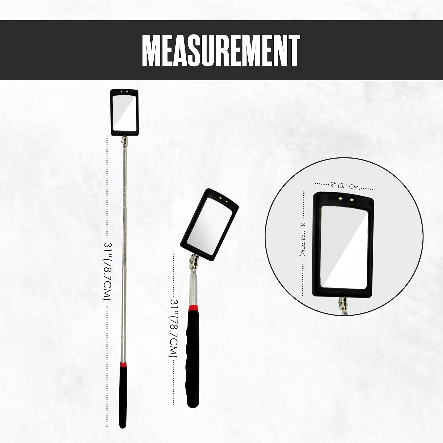 Houseables Inspection Mirror, Telescoping LED Light, 34" Extension, 360° Rotation, Extendable, Telescopic Handle, Retractable Lighted Tool On A Stick, for Mechanic, Home Inspector, Automotive