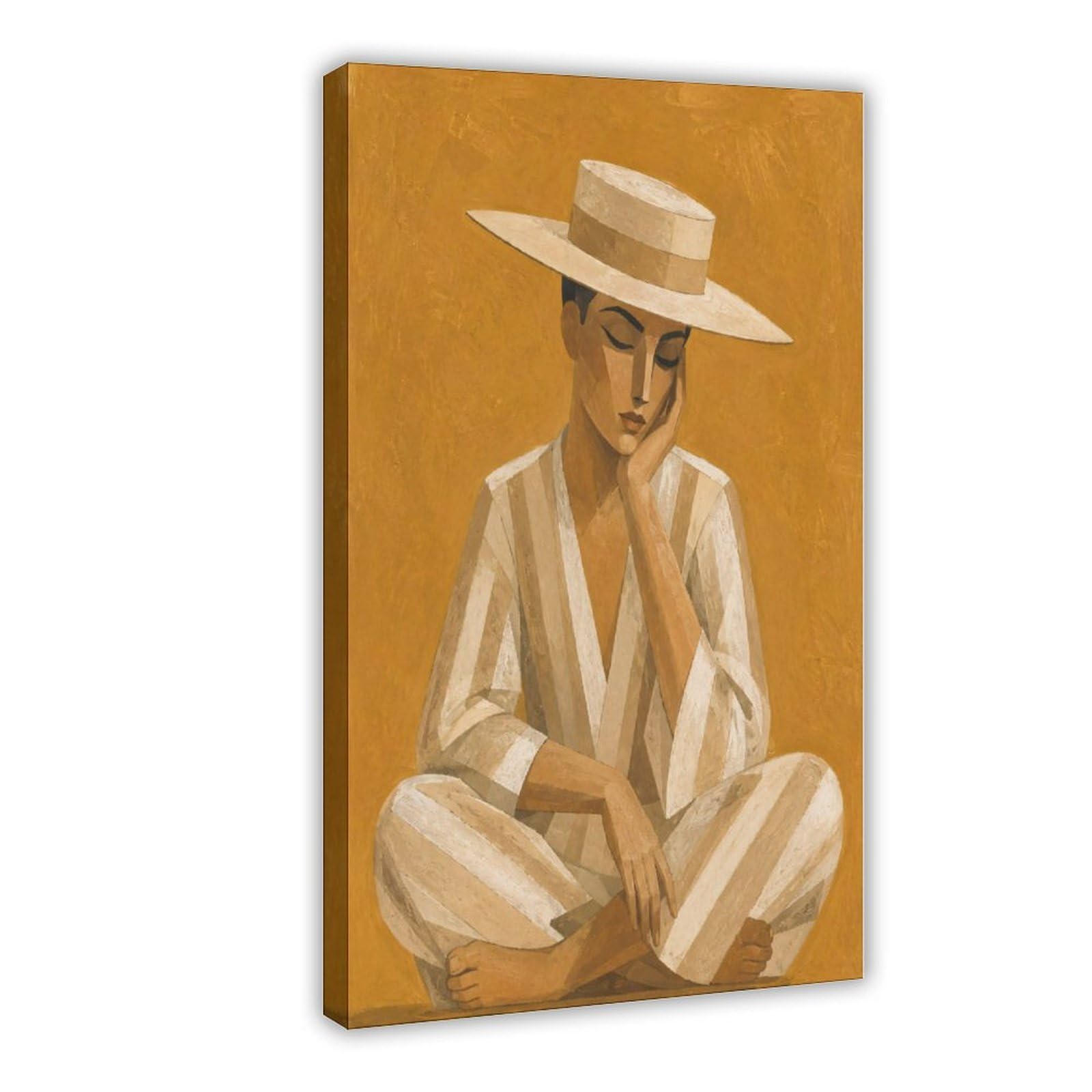 W7c8u2x3 Frame-Style-15 Man In White Hat Canvas Wall Art, Cubist Reading Corner