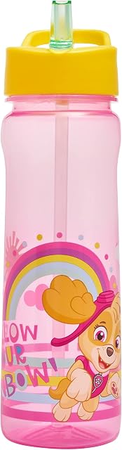 Paw Patrol Water Bottle Flip Up Straw 600ml  Official UK Merchandise by Polar Gear  Kids Reusable Non Spill - BPA Free - Recyclable Plastic - Ideal For School Nursery Sports Picnic  Pink & Yellow