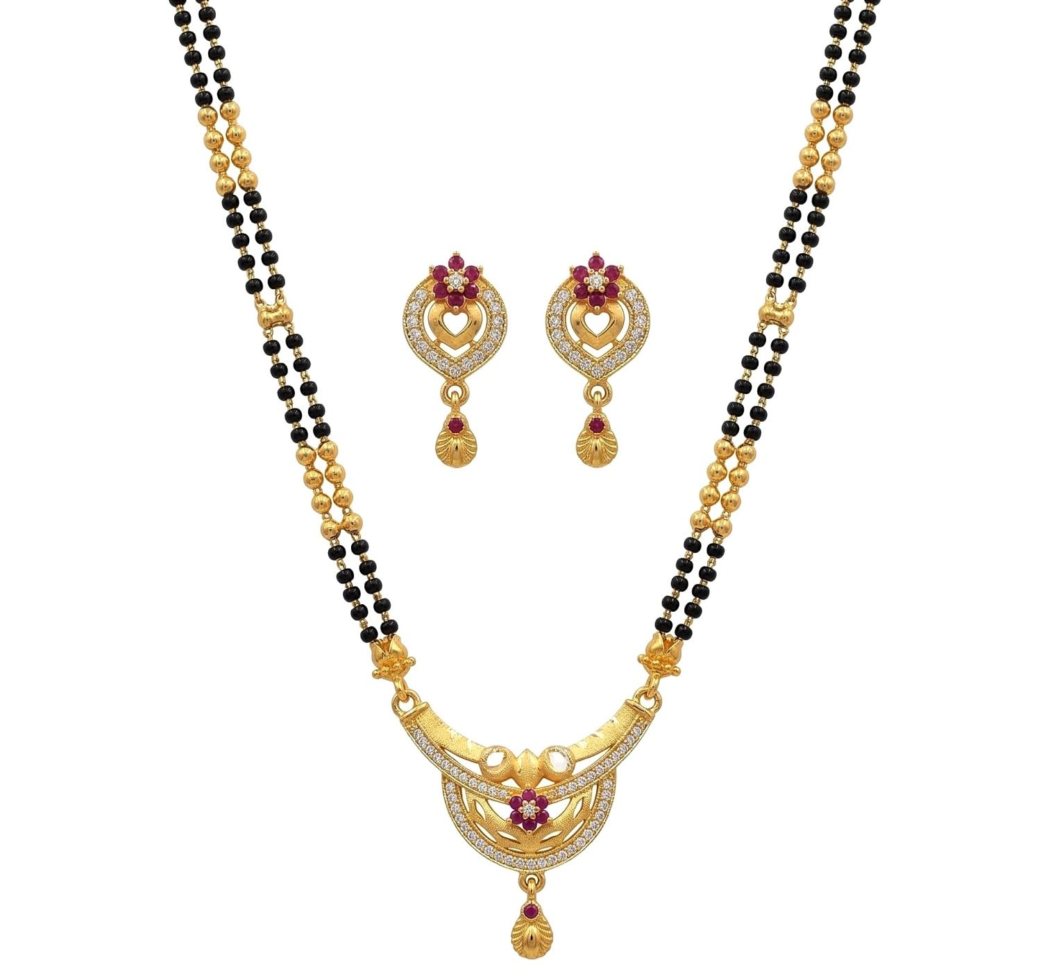 American Diamond Mangalsutra With Earring for Women | Stylish 1gm Gold Plated Long Mangal Sutra | CZ AD Pendant Necklace Design | One Gram Gold Polish 24 -Inch Black Chain Jewellery for Women | Nallapusalu mangalsutra