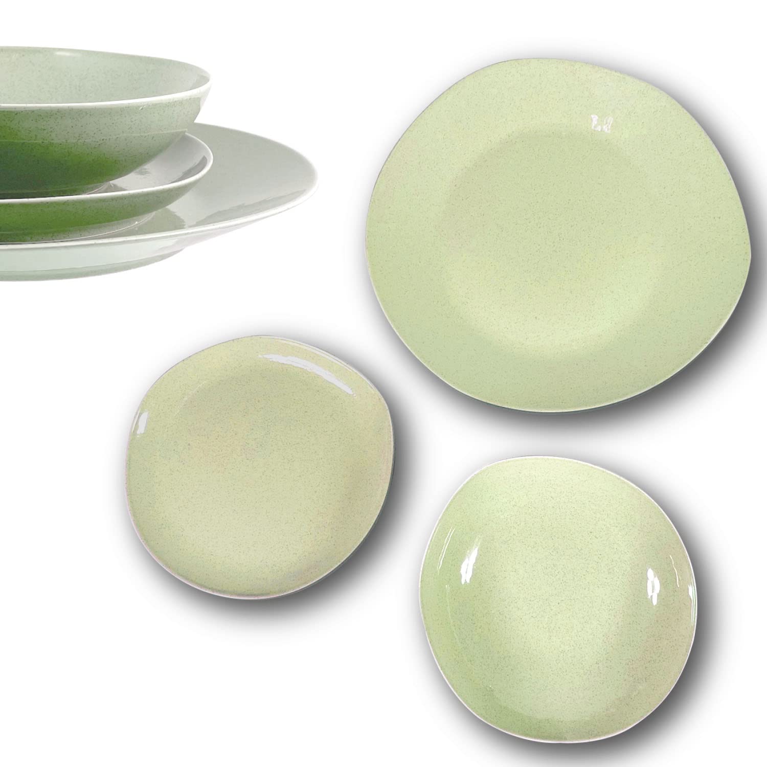 Set Piatti Arca Soho Verde, Piatti Irregolari Moderni da Tavola di Ceramica - Colore Verde, 18 Pezzi - Dimensione 30cm e 22cm