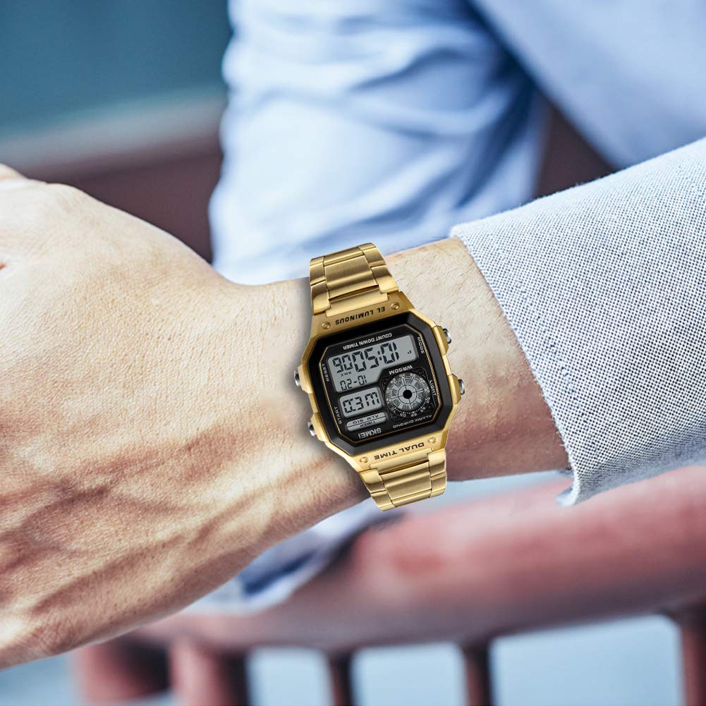 Reloj Hombres Lujo,Relojes Digitales de Lujo, Reloj de Pulsera para Hombre Cuadrado Relojes de Deportes al Aire Libre con Calendario de Alarma Impermeable Retroiluminación del Tiempo (Gold)…