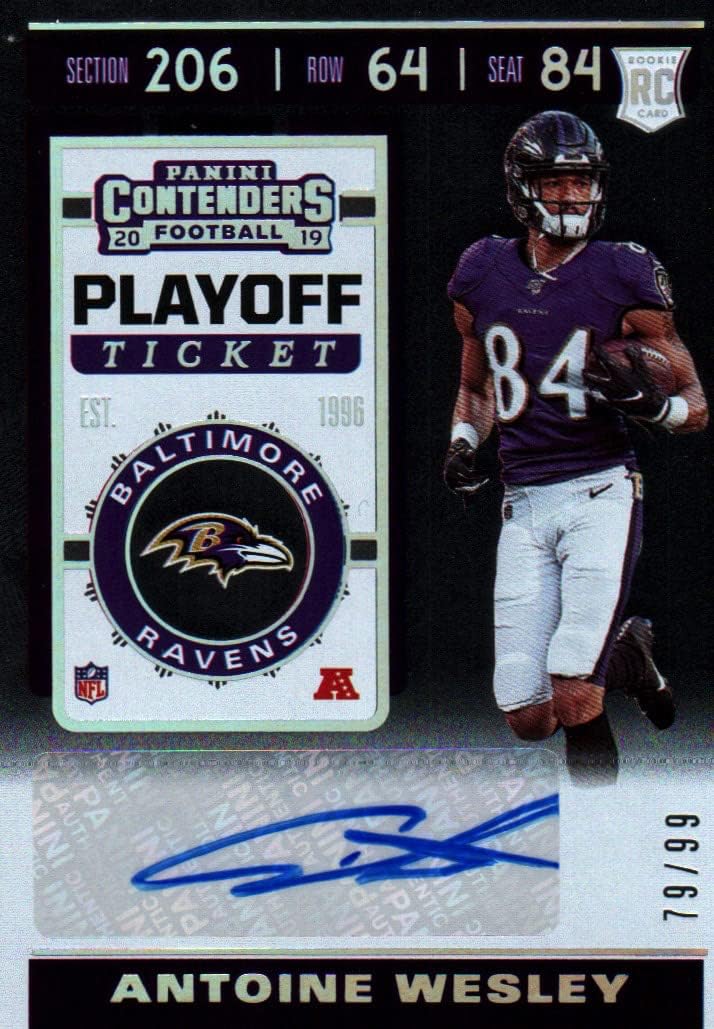 Antoine Wesley Playoff Ticket Serial Numbered 79/99 Autographed Rookie Card Collectible Football Card - 2019 Panini Contenders Playoff Ticket Rookie Football Card #187 (Ravens) Free Shipping & Tracking