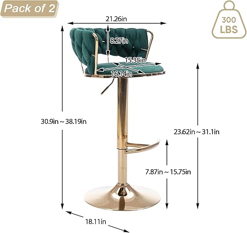 Miniatura 10 de Juego de 2 taburetes de bar giratorios de terciopelo, taburete de bar ajustable con respaldo tejido, sillas de comedor tapizadas, taburetes de bar